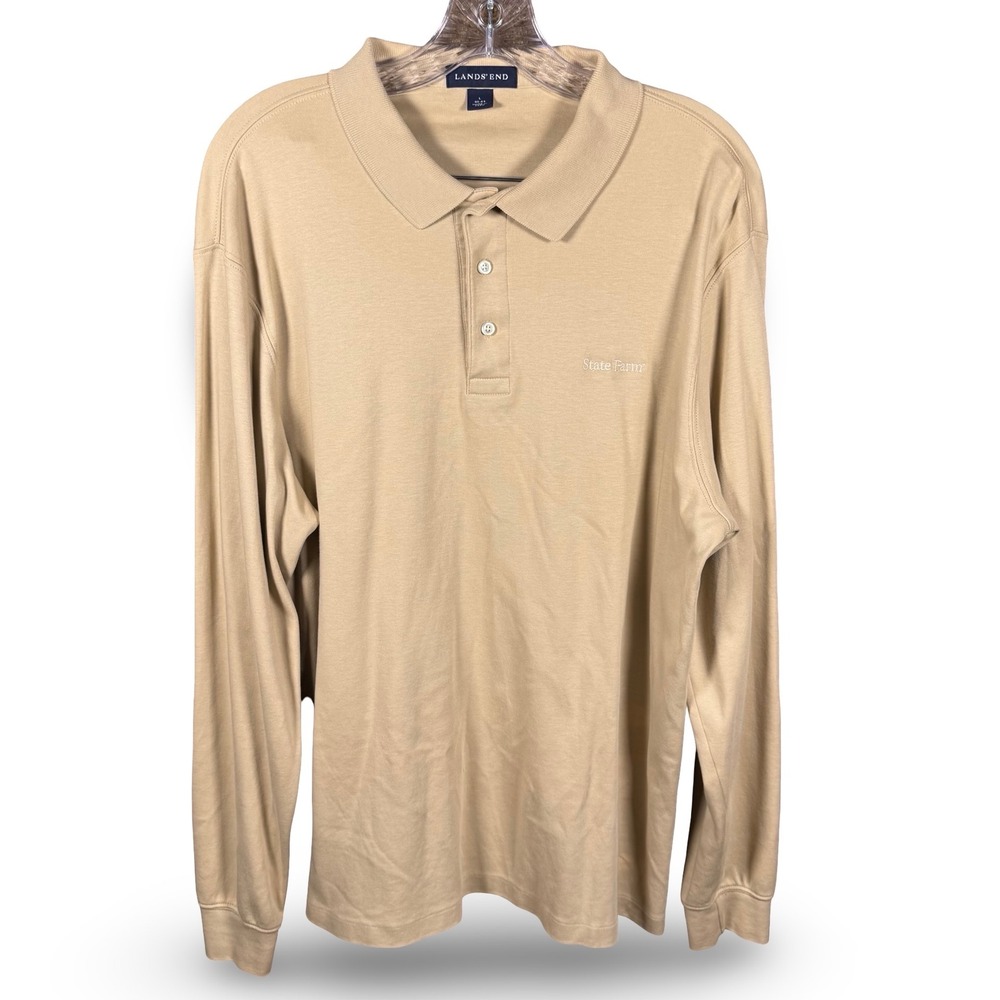 Lands End Mens Large Long Sleeve Polo Shirt Tan State Farm Insurance Embroidered